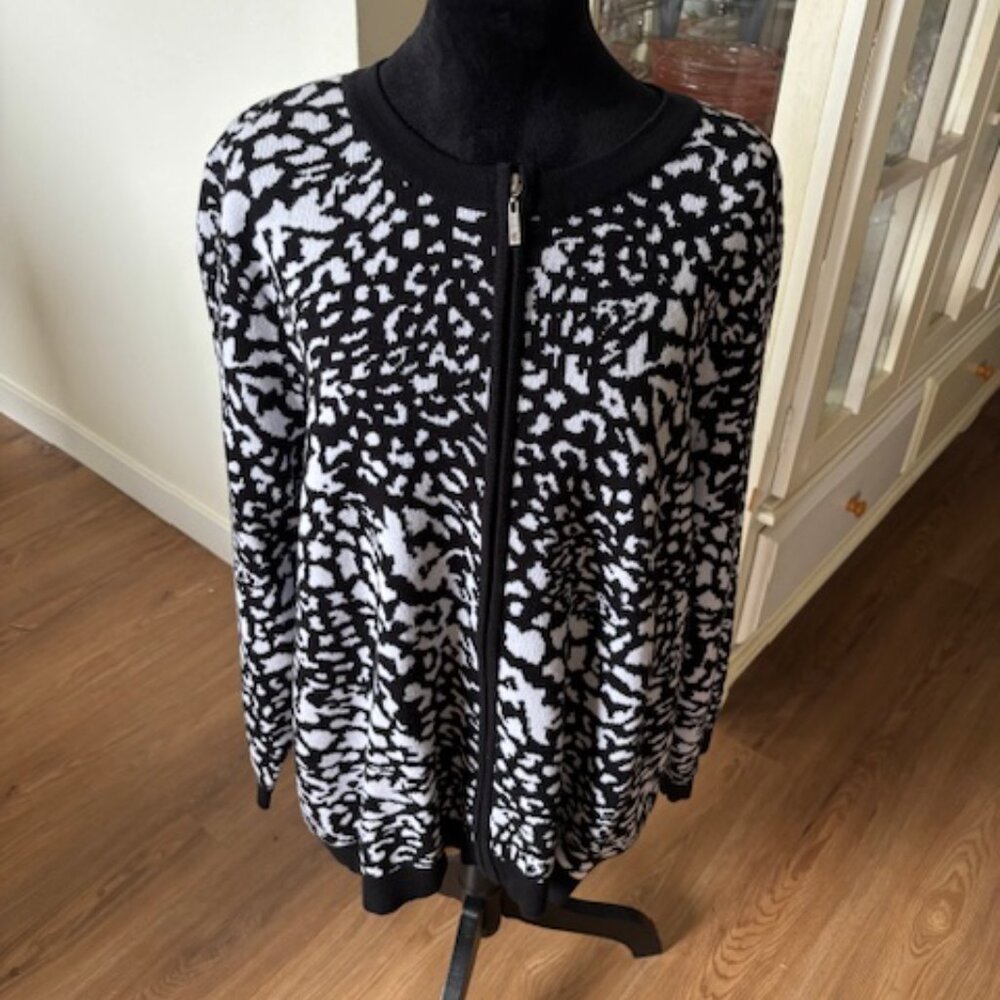 Allison Daley Black White Animal Print Full Zip Cardigan Sweater EUC 3X